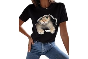 Tomwell Femme T-Shirt Chat Imprimé Sweatshirt Top Manche Courte Col Rond T Shirt Léger Décontracté Sweat Blouse Top Pullover