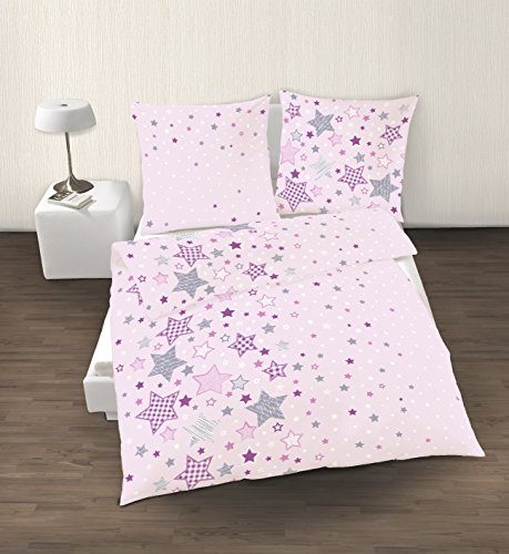 Fein Biber Bettwäsche Sterne Stars in rosa lila grau 2 tlg. - Größe 80x80 + 135x200 cm - hergestellt in Deutschland