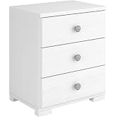 MOBLIT Bedside Table with Three Drawers Made of Solid Pine Wood Living Room and Bedroom Javea Series, Washed White, Measureme