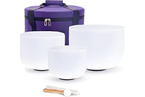 Hye-eun Set di 3 campane tibetane in cristallo di quarzo per la guarigione del suono, con custodia per il trasporto, 8" A 10" E 12" D Crystal Singing Bowl