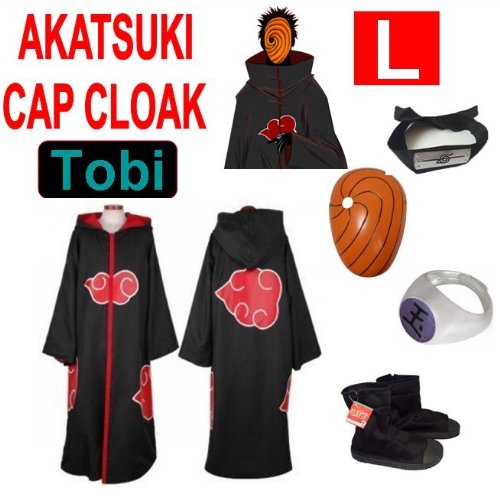 Hot!Naruto Cosplay Set für Tobi - Akatsuki Mantel (L) + Narudo Tobi Maske (gelb) + Tobi (Uchiha Madara) ring + Tobi Uchiha Itachi Stirnband + Naruto Akatsuki Schuhe