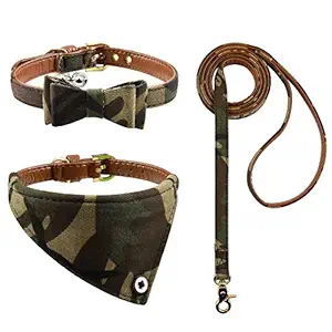 3PCS Bow Tie Dog Collar and Leash Set Plaid/Camo/Dots/Flower Dog Bandanas with Bell 3 Size Adjustable for Small Dogs Puppies and Cats (XS, Camo 1)