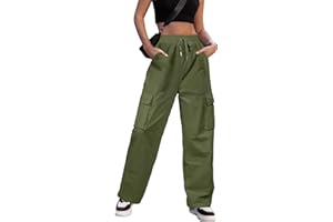 PASUDA Pantaloni Cargo Donna Y2K Pantaloni Larghi Dritti Vita Alta Casual Pantalone Elastico in Vita Pantaloni Donna Comodi Cotone con Tasche Laterali e Coulisse