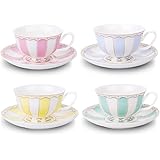 AWHOME Vintage Ceramic Teacup and Saucer Set 7 oz (Yellow Green Pink Blue)