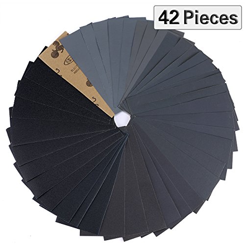 Schleifpapier Set, Seacue 42 Stück 120 to 3000 Grit Schleifpapier Sortiment Trocken/Nass Für Automobilschleifen Holzbearbeitung und Holzdrehen, 9 x 3,6 Zoll