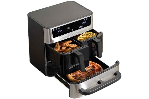 Cuisinart Tri Zone Air fryer et Four 13,6 L sans PFAS, 3 zones, 2 paniers 4,3L + four 5L, 9 fonctions : airfryer, rôtir, griller, cuire, réchauffer, déshydrater, pizza, toast, manuel, Acier inoxydable