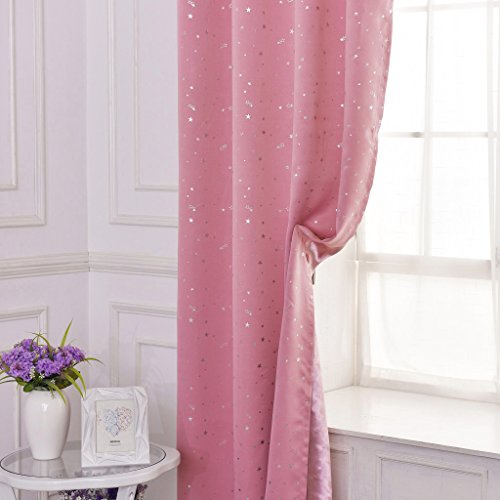 H.Versailtex Printed Blackout Pencil Pleat Pair Light Reducing Microfiber Curtains for Children, Thermal Insulated & Warm Protecting, Pink with Silver Stars, 90'' Width x 72'' Drop