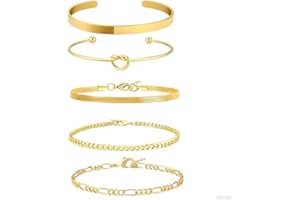 GUIDRE 5 sztuk złotych bransoletek damskich, pozłacanych 18-karatowym złotem, bransoletki ze stali nierdzewnej Figaro z perłami, łańcuszki, regulowane, modna biżuteria
