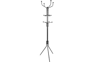 Harbour Housewares Coat Rack Black - Free-Standing Steel Coat Stand with Umbrella Holder and 12 Hooks for Jackets, Hats, Bags - Compact Entryway Hallway Storage, 182cm