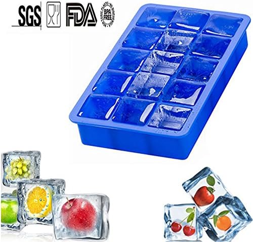 Silicone Ice Tray Mold Soft Squares Ice Cube Tray Whiskey Ice Chocolate Candy Maker Moulds Food Drink Freezer 15 Cavity, Blue (Ice Cube Tray with 15 Cavity)