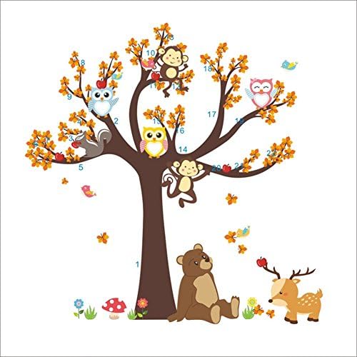 LUVCALS Forest Tree Branch Leaf Animal Cartoon Owl Monkey Bear Deer Height Measure Wall Stickers Decal Adhesive Vinyl Wallpaper Mural Kids Nursery Decor