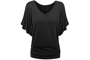 TIMEMEAN Femme Blouses Chemise à Manches Chauve-Souris Et Ourlet Replié Tunique De Couleur Unie à Manches Courtes Et Col en V De Grande Taille