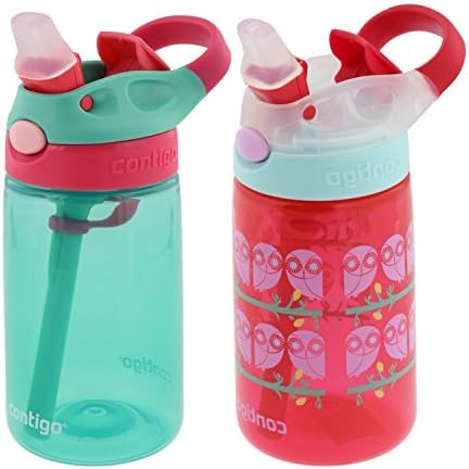 Contigo Kids Autospout Gizmo Water Bottle, 14oz (Persian Green/Ruby Owl Eyes) - 2 Pack