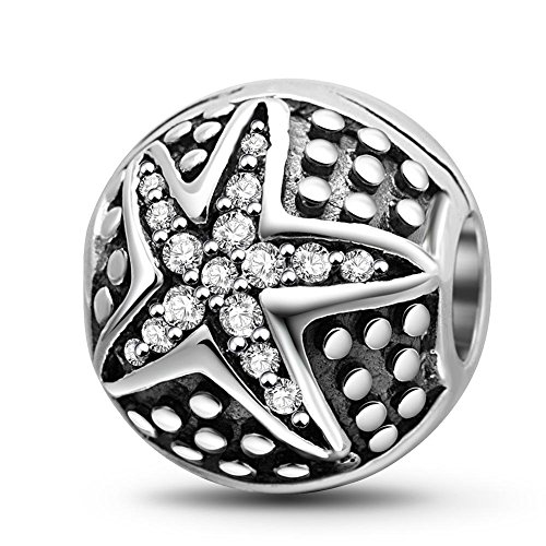 Clip Stopper Crystal Charms Genuine 925 Sterling Silver Clips Stoppers Lock with Cubic Zircon Charms Bead for 3mm European Bracelet (Starfish)