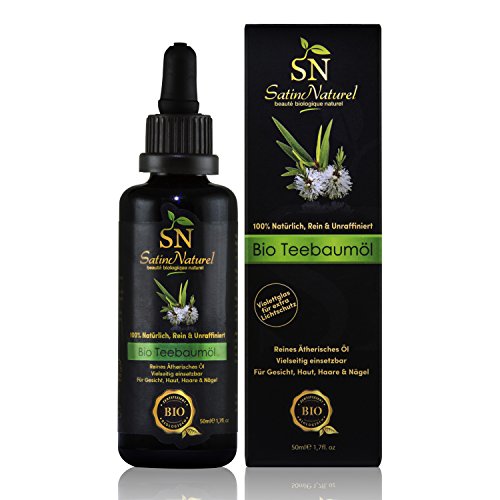 50 ml of the highest quality organic tea tree oil - pure & natural melaleuca in light protective bottle with pipette - 100% cold pressed, pure, natural & certified organic - healing tea tree oil for healthy skin, body & nails - Essential ethereal oil for aromatherapy & for the treatment of acne, skin inflammation, warts and fungi