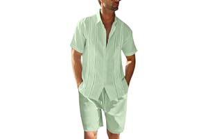 RUNCATI Conjunto de 2 piezas de lino para hombre, corte regular, con botones, camisa de playa y pantalones cortos, ropa de verano de manga