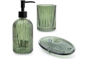 Home Deco London Set of 3 Modern Transparent Pressed Glass Bathroom Accessory Set, Includes Liquid Soap or Lotion Dispenser, Toothbrush Holder, Soap Dish (Green Set of 3)