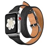 BZLine Armband | Echtes Doppel Tour Leder Uhrenarmband | Für Apple Watch Series 4 40mm/44mm | Top Echtlederarmband | Mit Edelstahl-Adapter und Verschluss | Bandlänge: ca. 350 mm