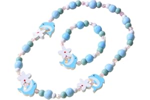 MEET-SHOP YKKJ En Bois Coloré Enfants Ensemble de Bijoux,Princesse Collier Bracelets Set Licorne Perles Collier et Bracelet Cadeau pour Les Filles Fête D'anniversaire Habillage Accessoire,Dauphin Bleu