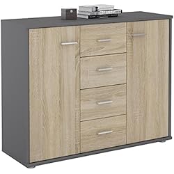 IDIMEX Buffet Elodie, Commode Meuble de Rangement avec 4 tiroirs et 2 Portes, en mélaminé Gris Mat et décor chêne Sonoma