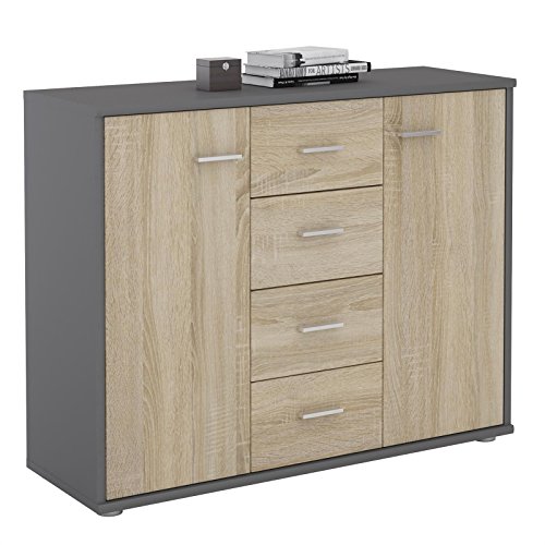 IDIMEX Buffet Elodie, Commode Meuble de Rangement avec 4 tiroirs et 2 Portes, en mélaminé Gris Mat et décor chêne Sonoma