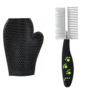 Pet Needs Double Sided Pet Comb Stainless Steel Pin Dog Grooming Brush with Grooming Gloves (Black)