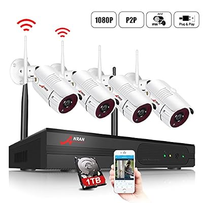 ANRAN Système de Sécurité sans Fil,Kits de WiFi Vidéosurveillance ANRAN,4CH 1080p Caméras Hydrofuge et Infrarouge,Vision Nocture,Intérieux/Extérieur,Intérer & Activer,Accès à Distance,1TB Disque Dur