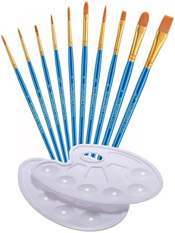 10 Artist Paint Brush, 2 Mixing Palette, Premium Nylon Brush for Watercolour, Acrylic and Oil Painting etc. Perfect Brush Set for Beginners, Kids Artists Painting Lovers Painting Brushes