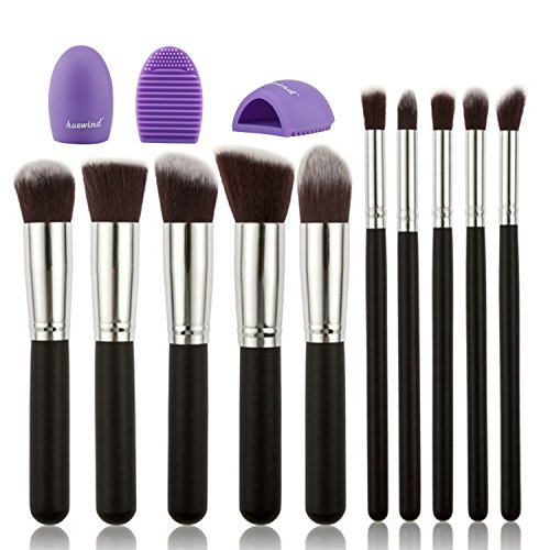 Huewind 10pcs Premium Synthetic Kabuki Makeup Brush Set Cosmetics Foundation Blending Blush Eyeliner Face Powder Brush Makeup Brush Kit (Black/Silver)
