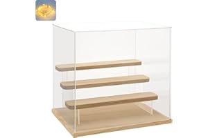 Nynelly 4-Tier Clear Acrylic Display Case Display Box Display Stand with Door,Countertop Display Case for Collectible Mini Action Figure,Dustproof Storage Organizer(Oak Base,Step)
