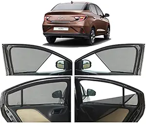 Autofact Half Magnetic Window Sunshades / Curtains for Hyundai Aura [Set of 4pc - Front 2pc Half Without Zipper ; Rear 2pc Full with Zipper] (Black)