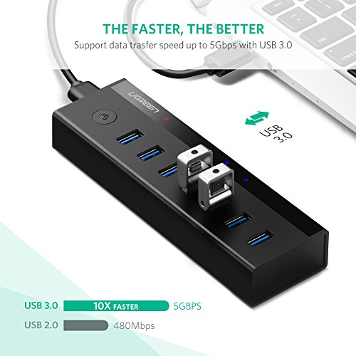 UGREEN 7 Ports USB 3.0 Hub mit 5V 2A Netzteil, USB 3.0 Kabel, Schalter und LED-Anzeigen für PC, MAC, Notebook, Ultrabook, Tablet und andere USB Geräte, Schwarz - 3