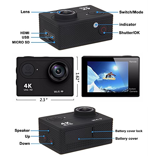 Besty Original 4K WiFi Wasserdichte Actioncam mit Doppelladegerät Action Kamera 12MP 2 Zoll Full HD 1080P 170 °Weitwinkel-Objektiv Waterproof Sportkamera Mini DV Sports Camera Camcorder mit Fernbedienung und 2 Stück Akkus Schwarz - 2