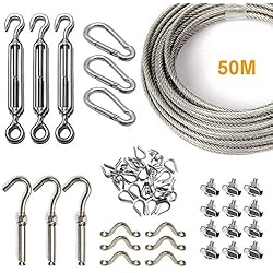 Corde en Acier Inoxydable à Suspendre Kit, Kit de Suspension Guirlande Lumineuse D'extérieur, Câble en Acier Galvanisé, 164ft(50m) de Câble de Câble Métallique avec Tendeur et Crochets