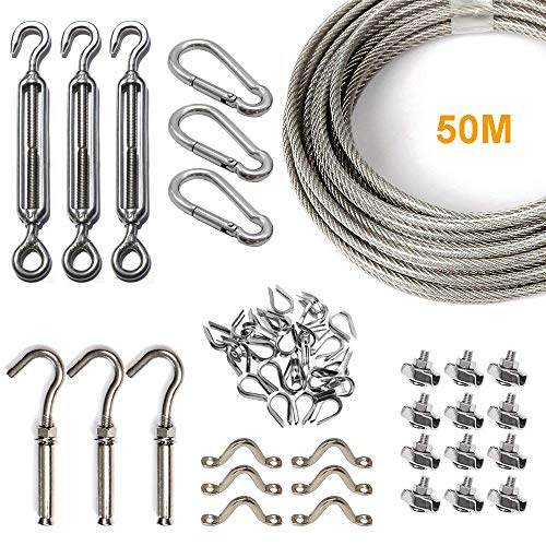 Corde en Acier Inoxydable à Suspendre Kit, Kit de Suspension Guirlande Lumineuse D'extérieur, Câble en Acier Galvanisé, 164ft(50m) de Câble de Câble Métallique avec Tendeur et Crochets