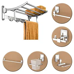 Plantex High Grade Stainless Steel Folding Towel Rack with Stainless Steel 304 Grade Darcy Bathroom Accessories Set 5pcs (Towel Rod/Napkin Ring/Tumbler Holder/Soap Dish/Robe Hook)