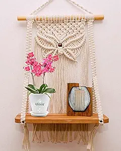 Urooz Macram? Wall Hanging Shelf |930| Indoor Boho Wall Decor for Bedroom, Wood Hanging Shelf Organizer, Handmade Woven Cotton Rope Bohemian Home Wall D?cor (Set of 1 ,Beige)