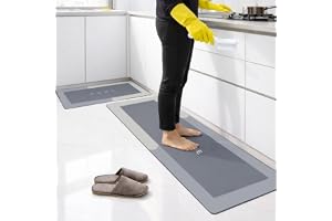 2Pcs Kitchen Mat Set with Shoes,Brush & Gloves,Kitchen Mat Floor Non Slip, Kitchen Rug with Natural Rubber Backing,Water Absorbent Washable Floor Mat(40×60cm,40×120cm Light Gray) Door Mat for Bathroom