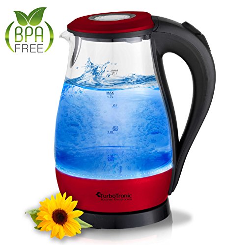 TurboTronic Glas Wasserkocher 1,7 Liter mit LED Beleuchtung Blau (innen) BPA Frei, Leistung: 2200 Watt, Farbe: Rot-Metallic, inklusive Kalkfilter am Ausguss und 360° Basis-Station (kabellos), Edelstahl Bodenplatte mit nicht sichtbaren Heizelement
