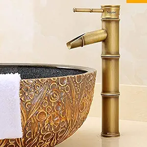 Scizor Bathroom Sink Faucet and Supply Hose Waterfall Chrome Tap for Antique Gold Brass Bamboo Retro Hot and Cold Water Single Lever Sink Basin Mixer Taps Bathroom Faucet