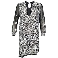 Women Indian Kurta Black Georgette Floral Embroidered Cover Up Tunic Dress Large