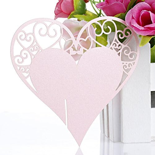 The Cheers 50Pcs Heart Shape Wine Glass Place Cards Wedding Birthday Party Table Decoration (Pink)