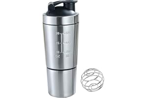 Lotvic Shaker per Proteine, 600+200ML Shaker Proteico in Acciaio Inox, Shaker Bottle con Sfera In Acciaio Inossidabile, Shaker Proteine con Scomparto per Palestra, Allenamento, Fitness (Argento)