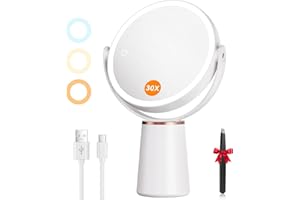 Auxmir Miroir Grossissant Lumineux 30X/10X Double Face, Miroir Grossissant sur Pied Rechargeable 2000mAh avec 3 Couleurs éclairage, 64 LED, Rotation 360° pour Maquillage, Soin du Visage