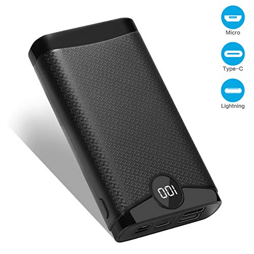 Powerbank 20000mAh, POSUGEAR Caricatore Portatile con 3 Ingressi di USB C/Micro/L ightning, 2 Uscite e LED Dispaly Compatibile con Tutti i Telefoni e Tablet