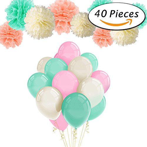 Paxcoo 40pcs Minze Pfirsich Gewebe Pom Poms Latex Ballons und Papier Girlande für Baby Dusche Party Dekorationen