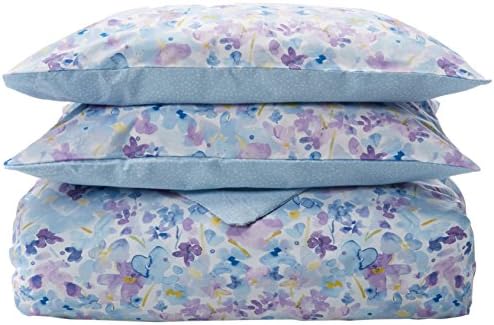 DREAMS AND DRAPES Dreams &amp; Drapes - Sunny - Blue and Purple Watercolour Floral Face with Printed Textured Reverse Duvet Cover Set - King, Blue