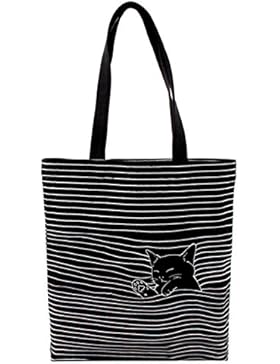 Damen Canvas Katze Shopper Tasche Streifen Leinwand Handtasche Mädchen Umhängetasche Schultertasche Beuteltasche...
