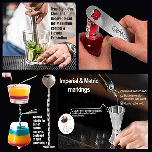 Cocktailshaker Set von GRAND – Das Geschenkeset beinhaltet 1x Edelstahlshaker, 1x Premium Doppel-Messbesser, 1x Stößel, 1x Mixlöffel, 1x Flaschenöffner, 1x CocktailRezepte-Ebook. - 4