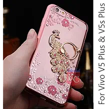 KC Bling Beautiful Peacock Rhinestone Finger Ring Holder Case 360 Degrees Finger Grip for Vivo V5 Plus & Vivo V5S Plus - Rose Gold + Pink